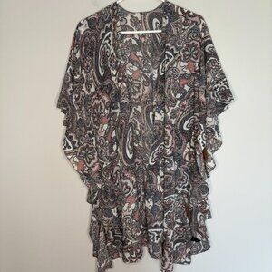 KELSEA Apparel NEW Paisley Ruffle Short Sleeve Cardigan Womens M Ivory Pink